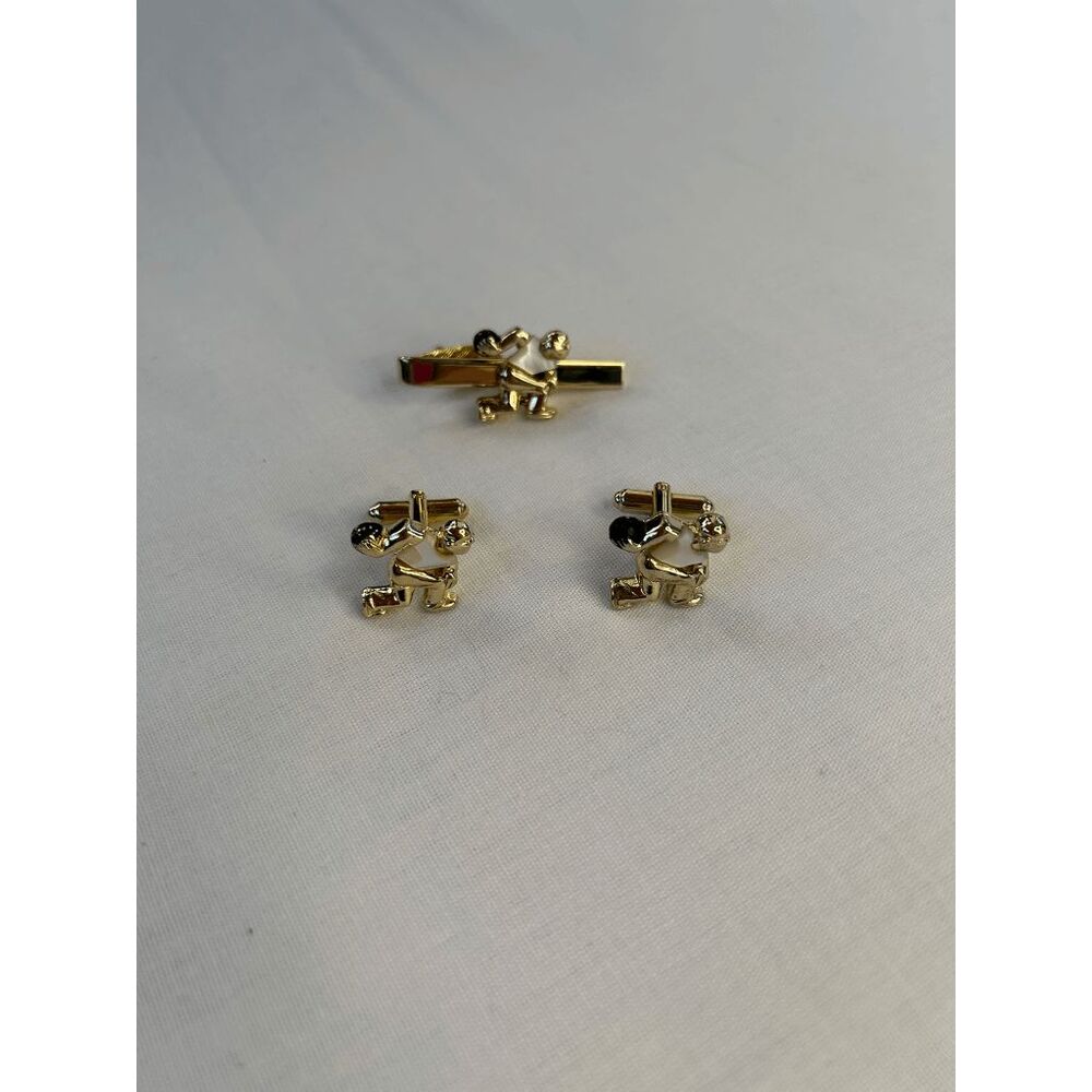 Mother of Pearl and Gold Tone Bowling Tie Clip & Cufflinks Set